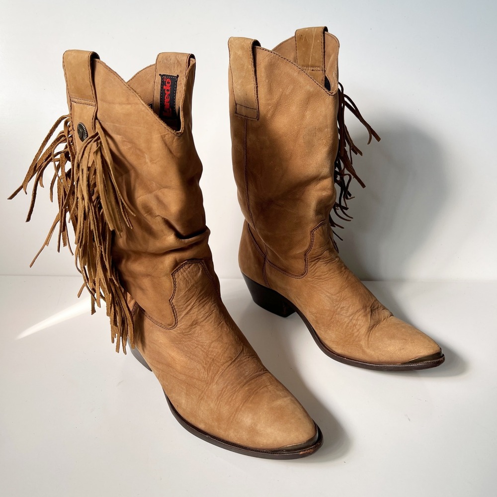 Vintage Laredo Cowboy Boots 8 Womens Tan Leather Fringe Concho Studded Western